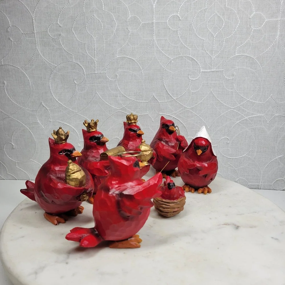 Slifka Cardinal Nativity 7 Pc Set Red Resin Christmas Birds Decor Folk Art